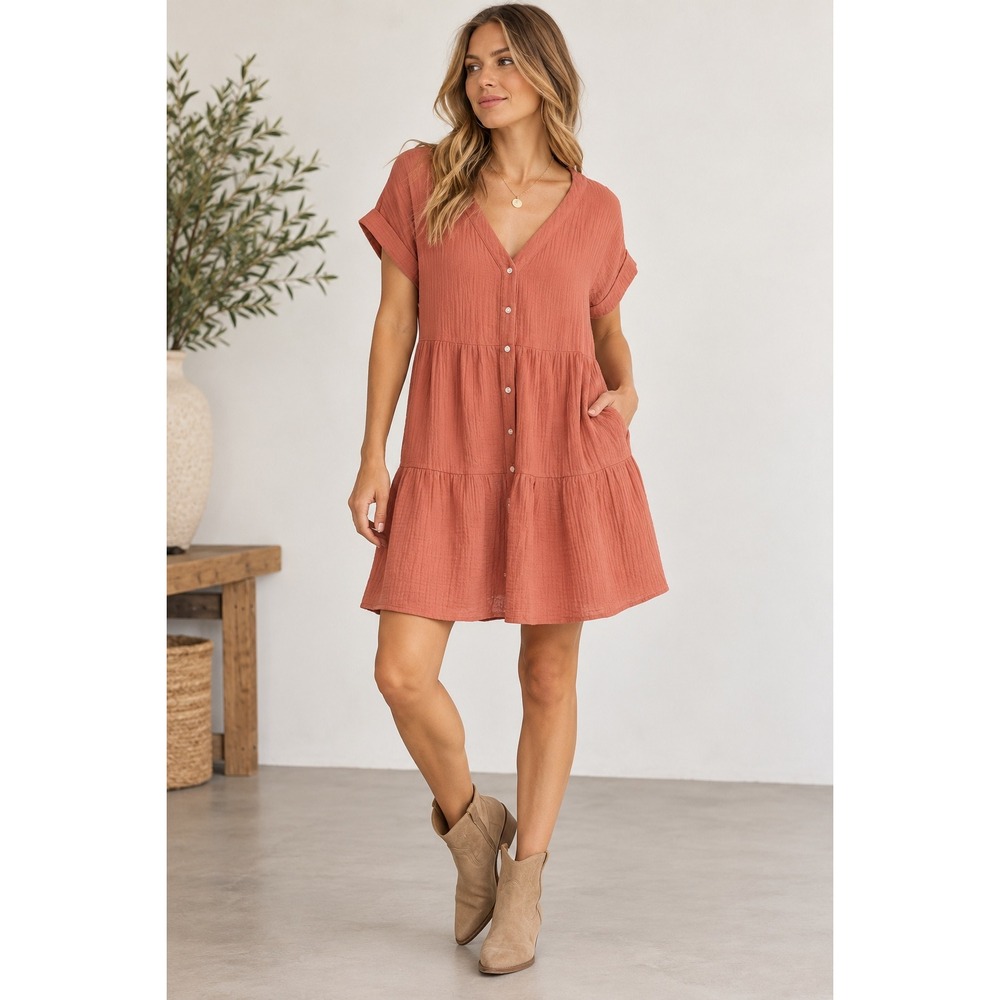 Madewell Terracotta Rust Double Gauze Button Front Tiered Mini Dress XXS